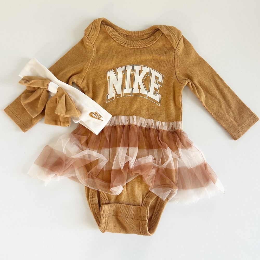 Nike Baby Girls Tan White Tutu Bodysuit and Headband Outfit Set Size 0-6M